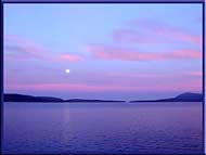 A full moon over Plumper Sound and Mayne and Saturna Islands, North Pender Island